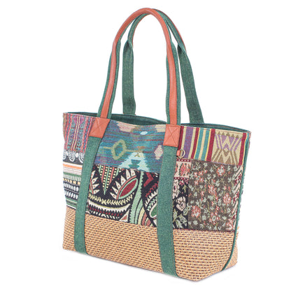 Happy Journey in Green Thai Cotton and Leather Trim Shoulder Bag