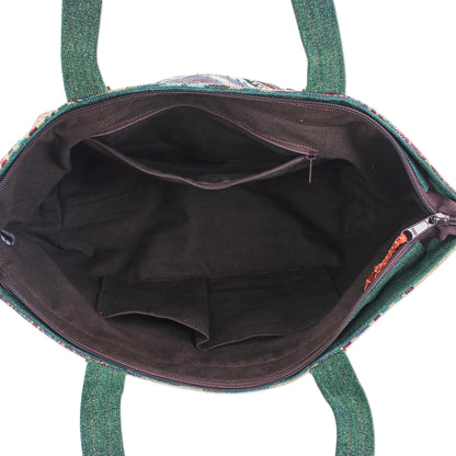 Happy Journey in Green Thai Cotton and Leather Trim Shoulder Bag