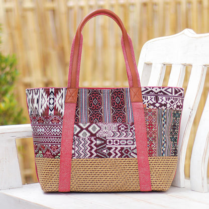 Happy Journey in Red Woven Cotton and Leather Shoulder Bag