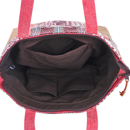 Happy Journey in Red Woven Cotton and Leather Shoulder Bag