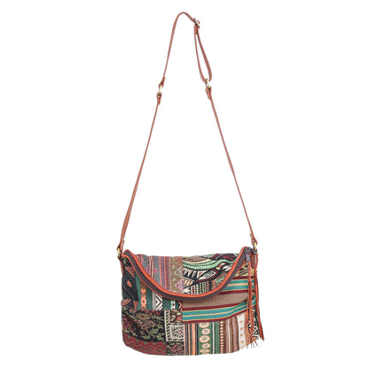 Casual Lanna in Green Leather Accented Cotton Sling Bag from Thailand