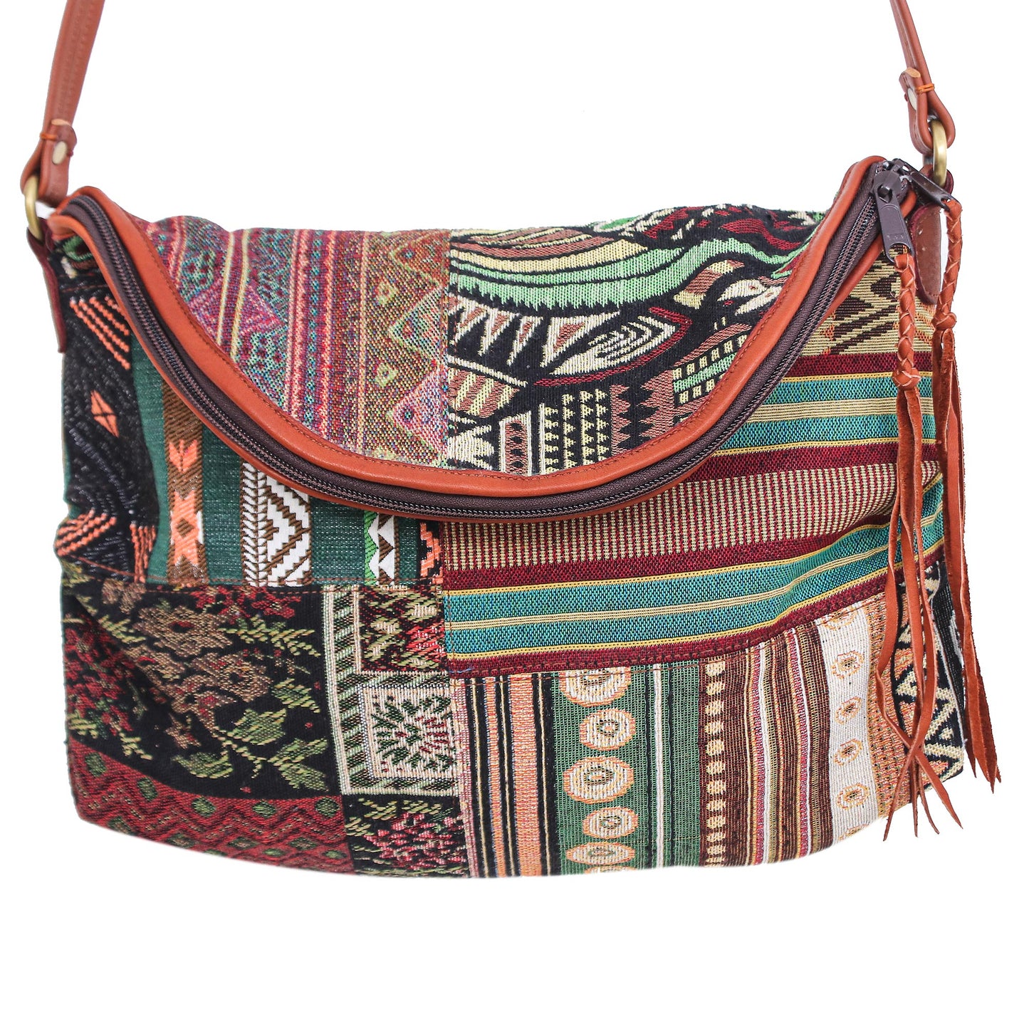 Casual Lanna in Green Leather Accented Cotton Sling Bag from Thailand