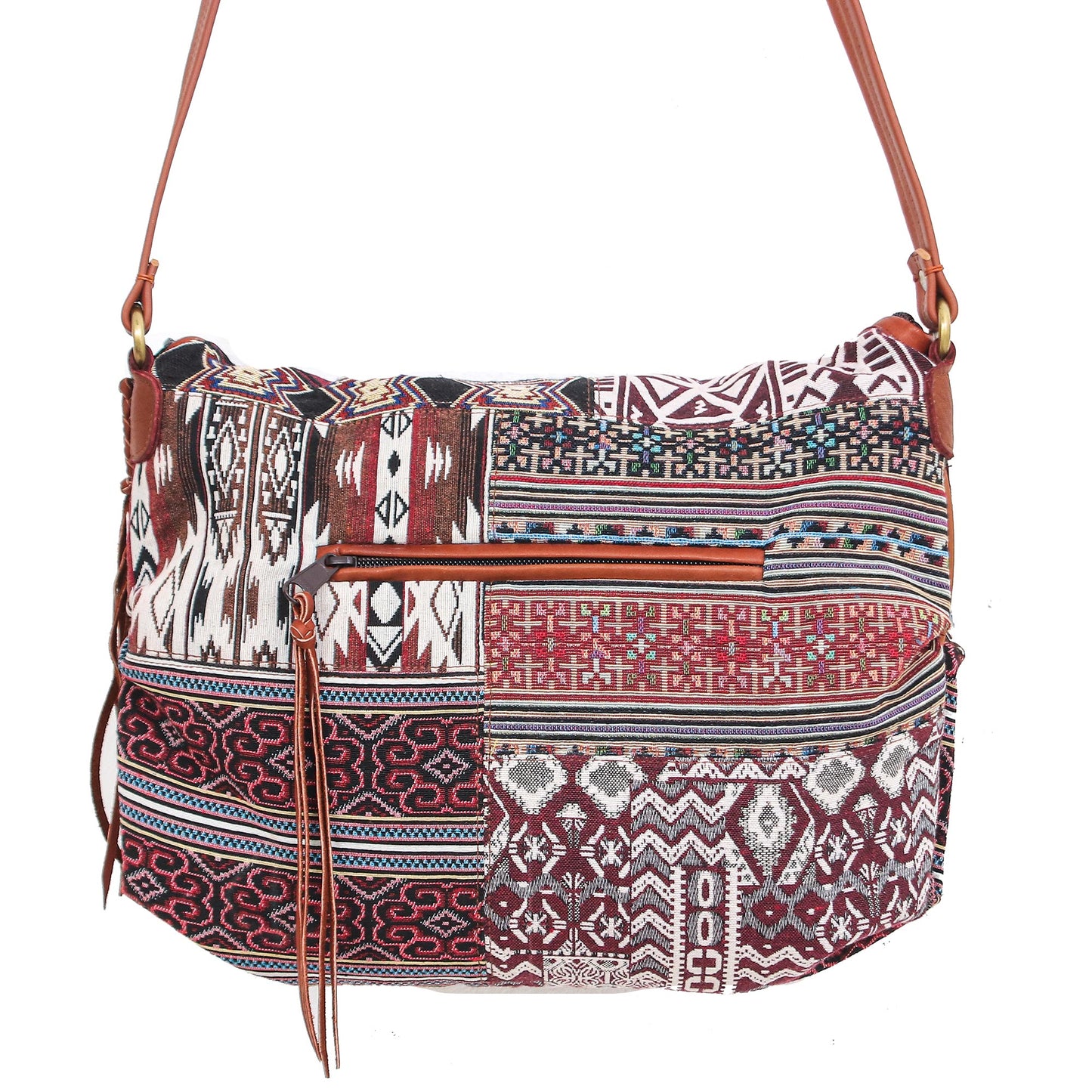 Casual Lanna in Red Leather Accented Cotton Patchwork Sling Bag