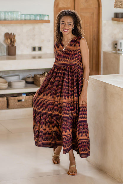 Borobudur Hand-Woven Cotton Maxi Dress with Ikat Motif