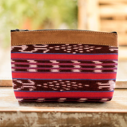 Jocotenango Red Handwoven Cosmetic Bag with Leather Accent and Zipper