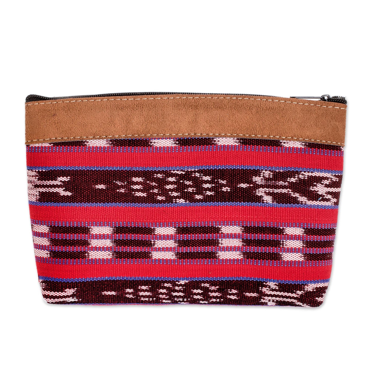 Jocotenango Red Handwoven Cosmetic Bag with Leather Accent and Zipper