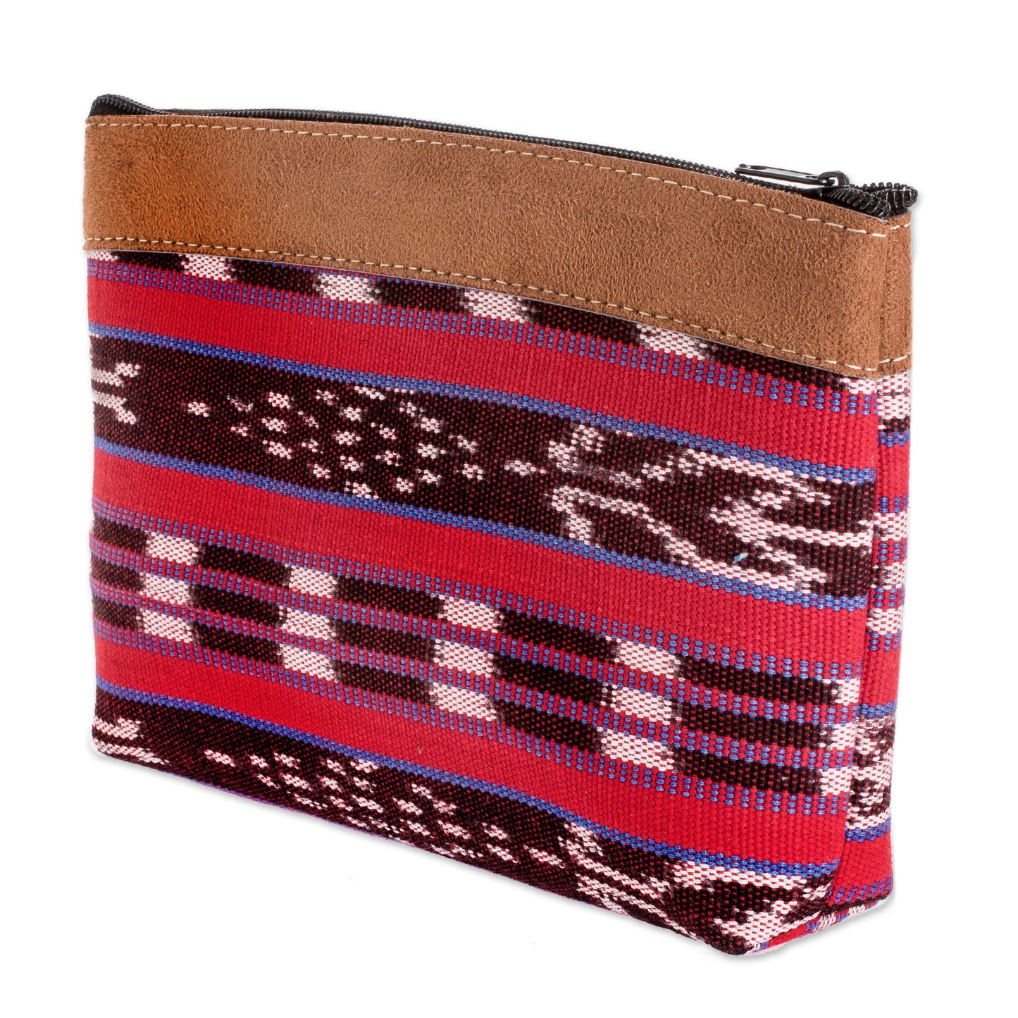 Jocotenango Red Handwoven Cosmetic Bag with Leather Accent and Zipper