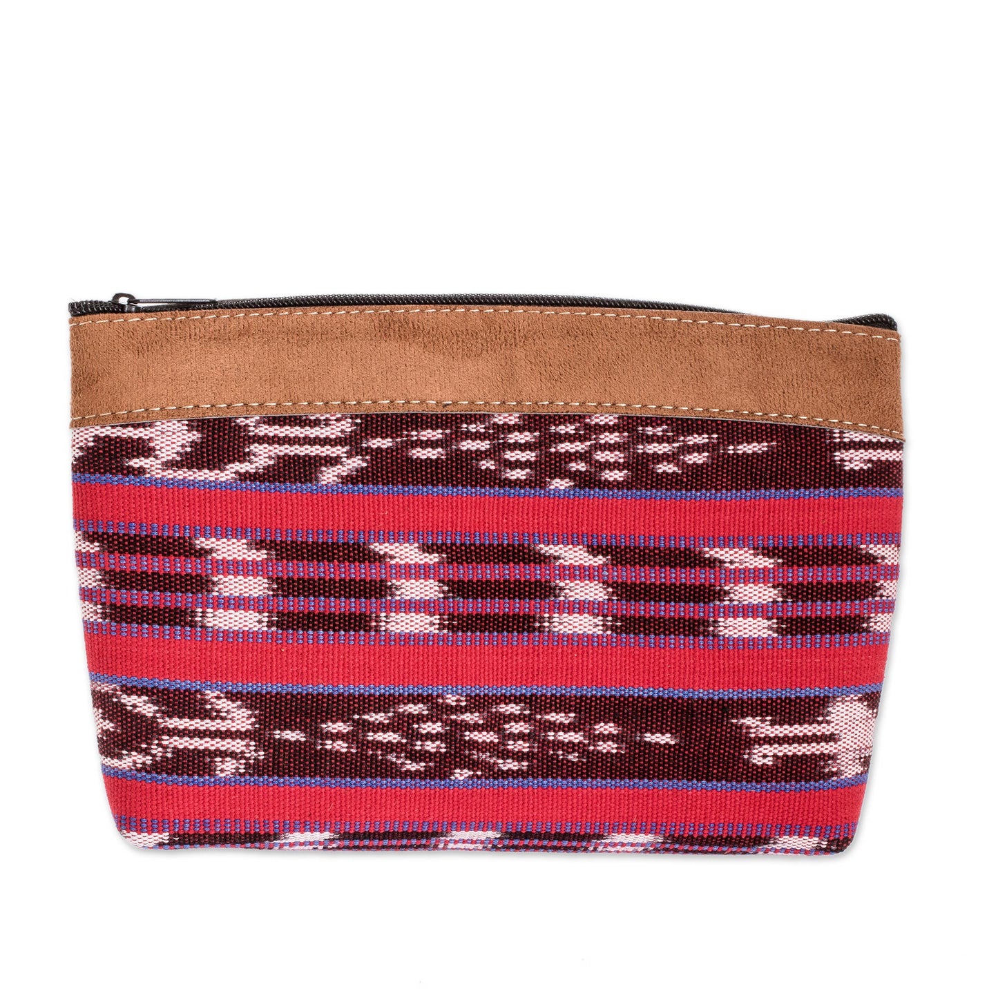 Jocotenango Red Handwoven Cosmetic Bag with Leather Accent and Zipper