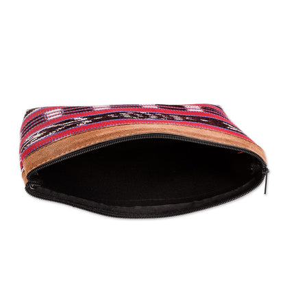 Jocotenango Red Handwoven Cosmetic Bag with Leather Accent and Zipper