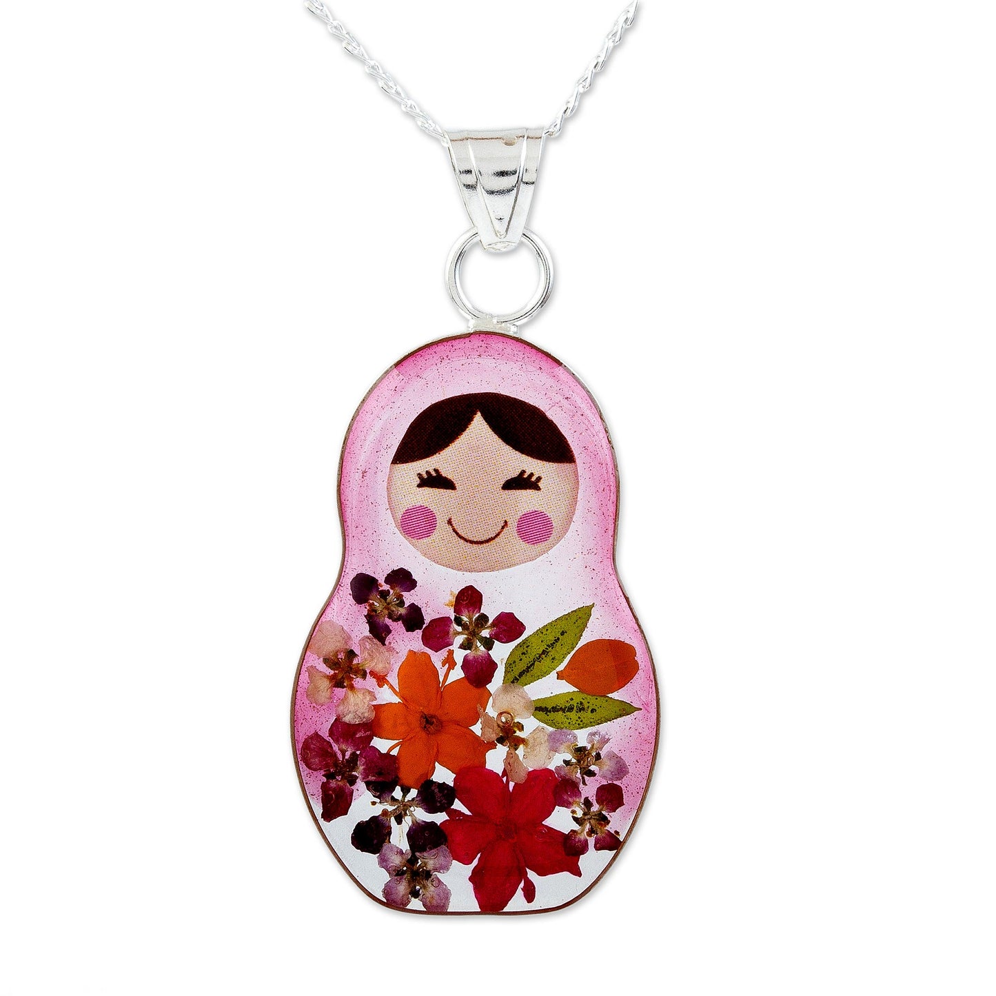 Mexican Matryoshka Matryoshka Style Pendant Necklace with Natural Flowers