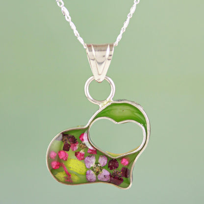 Green Flowered Heart Double Heart Sterling Silver and Resin Pendant Necklace