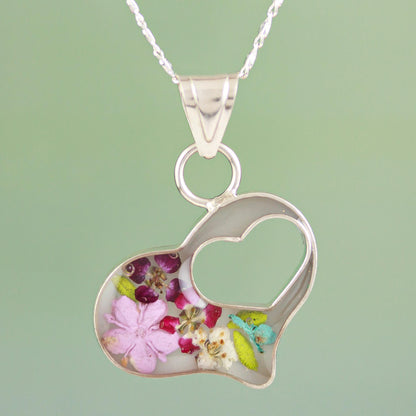 Pink Flowered Heart Clear Resin Double Heart Sterling Silver Pendant Necklace