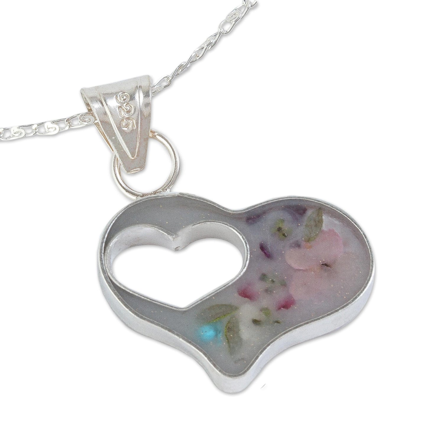 Pink Flowered Heart Clear Resin Double Heart Sterling Silver Pendant Necklace