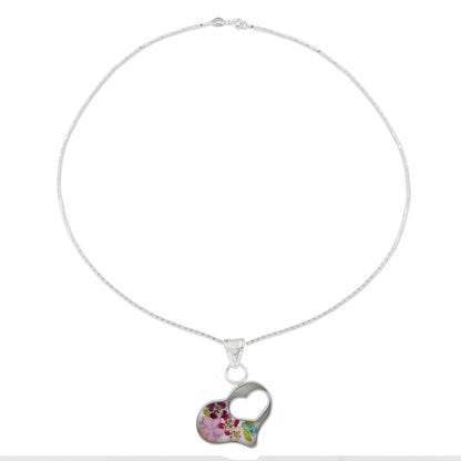 Pink Flowered Heart Clear Resin Double Heart Sterling Silver Pendant Necklace