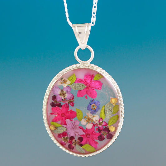 Antique Rose Old Fashioned Pendant Necklace with Pink Flowers in Resin