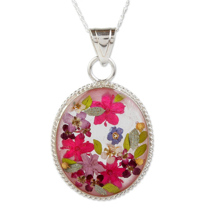 Antique Rose Old Fashioned Pendant Necklace with Pink Flowers in Resin