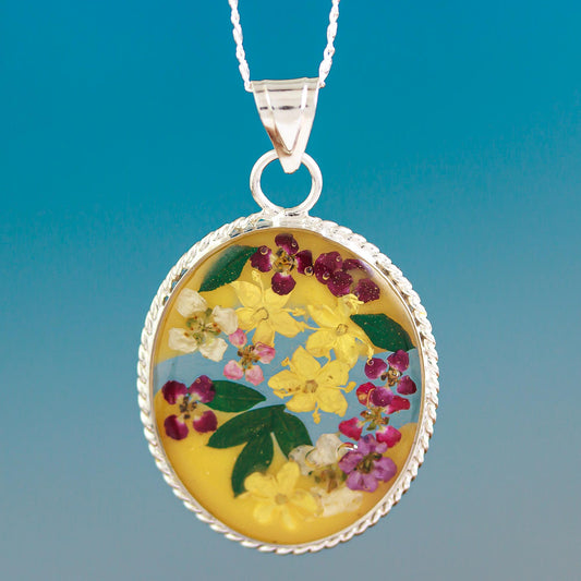 Yellow Forever Sterling Silver Necklace with Yellow Dried Flower Pendant