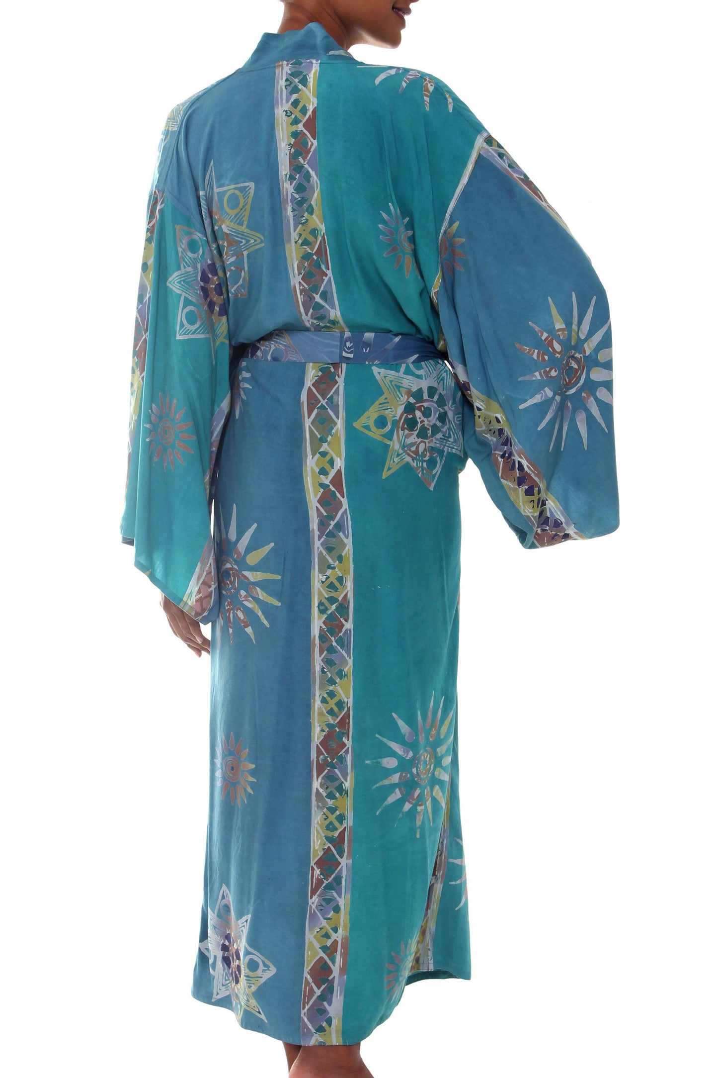 NOVICA - Women's Floral Teal Batik Lightweight Robe