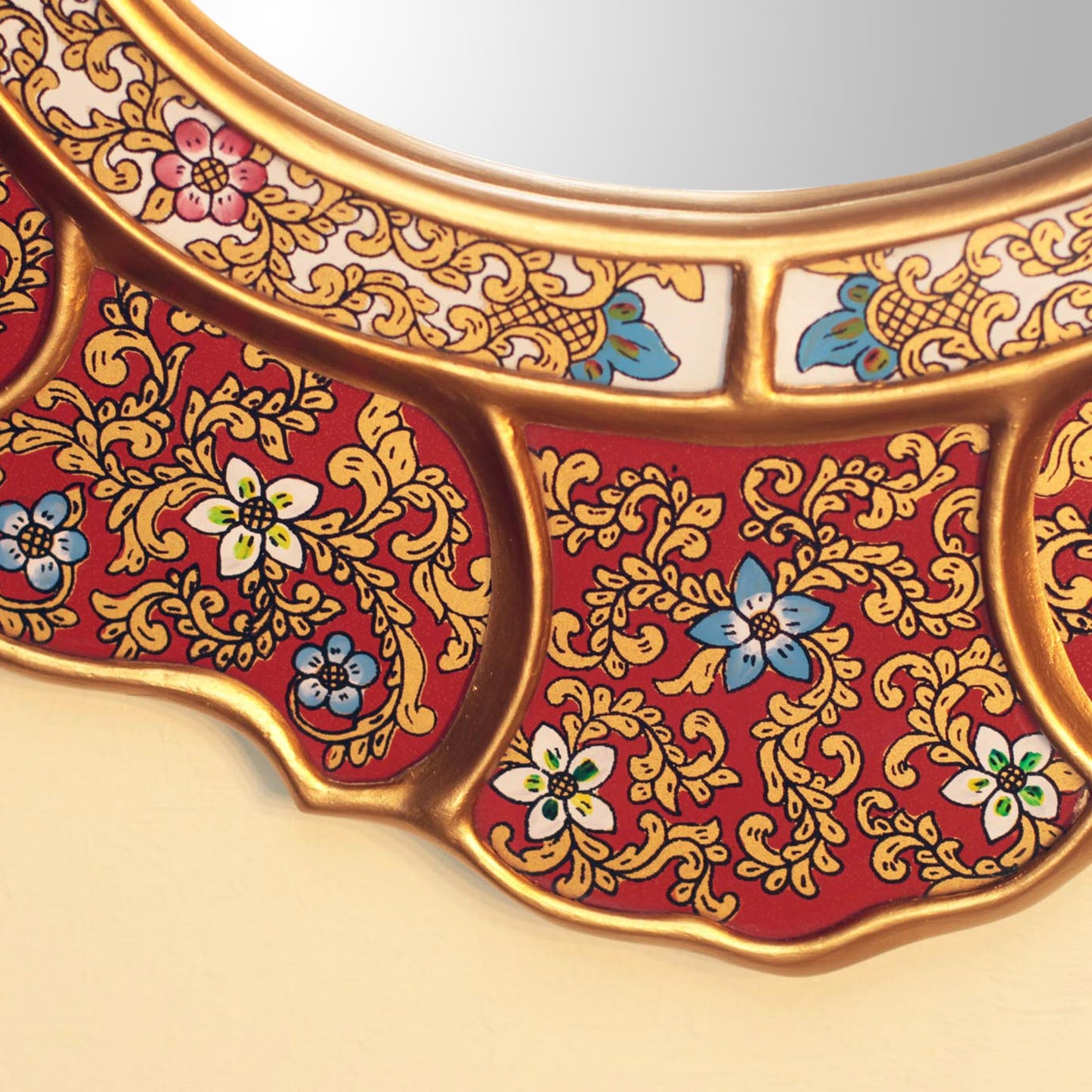 Floral Crimson Unique Red and Gold Reverse Painted Glass Wall Mirror