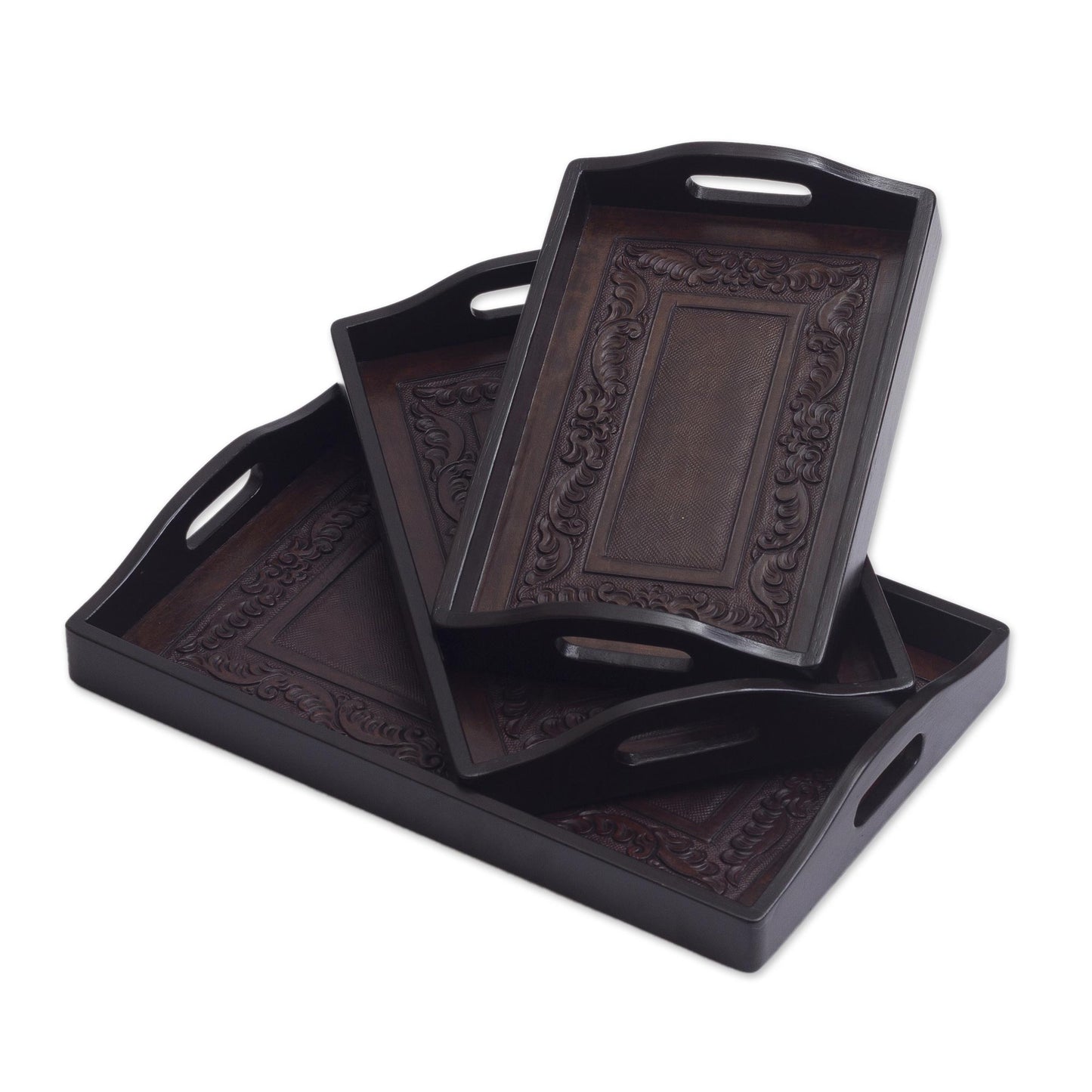 Collector Unique Leather and Wood Serving Trays (Set of 3)