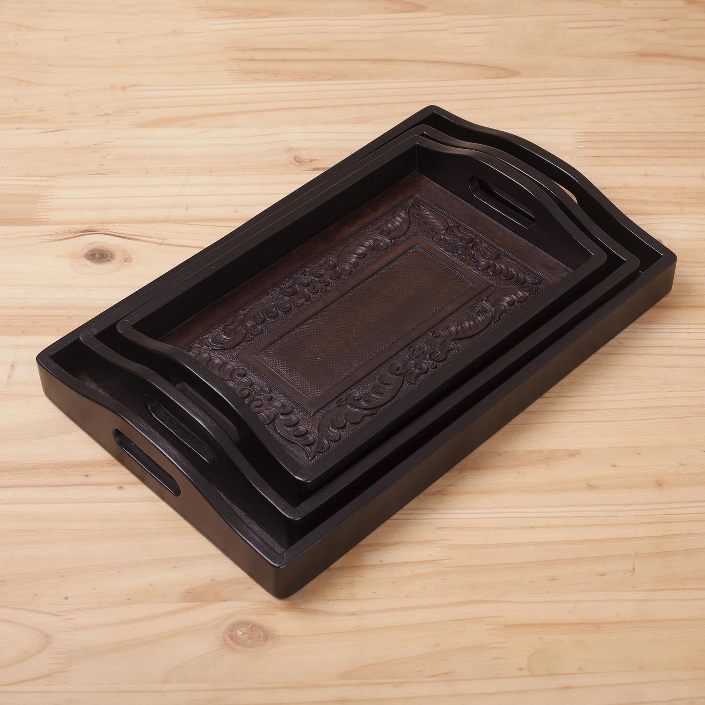Collector Unique Leather and Wood Serving Trays (Set of 3)