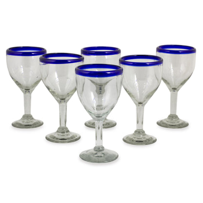 Blue Cancun Handblown Glass Recycled Wine Drinkware Goblets (Set of 6)