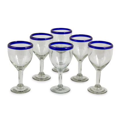 Blue Cancun Handblown Glass Recycled Wine Drinkware Goblets (Set of 6)