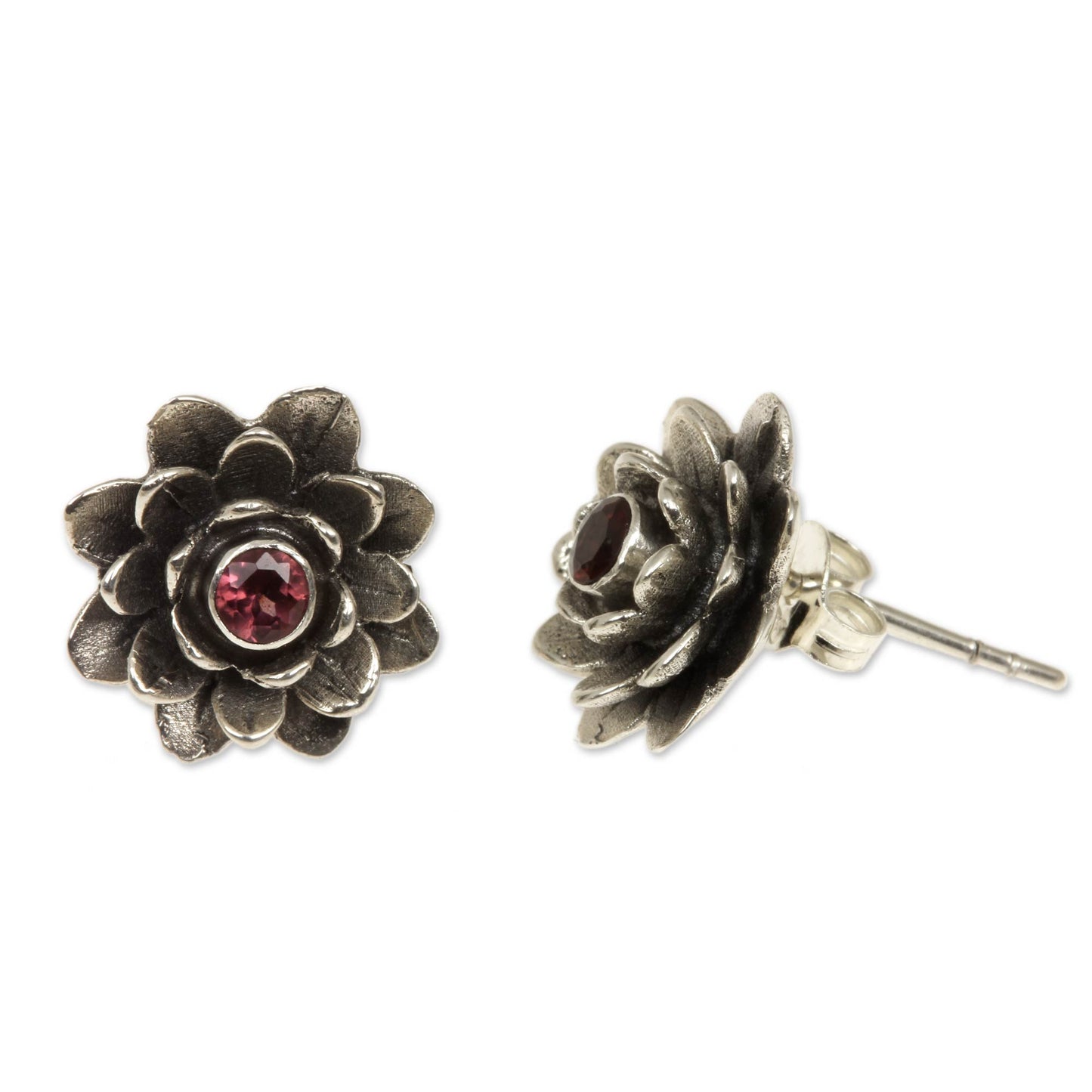 Red-Eyed Lotus Garnet Button Earrings