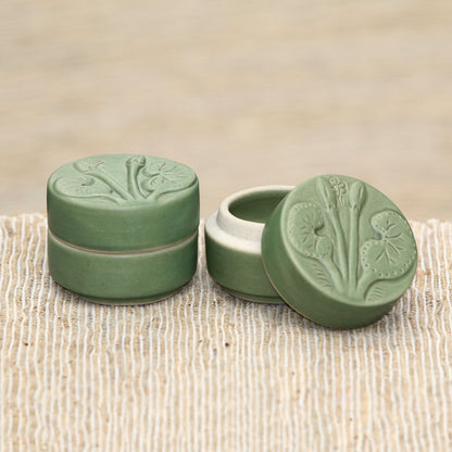 Lotus and Dragonfly Dragonfly Theme Condiment Jars in Green Ceramic (Pair)