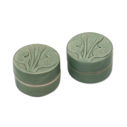 Lotus and Dragonfly Dragonfly Theme Condiment Jars in Green Ceramic (Pair)