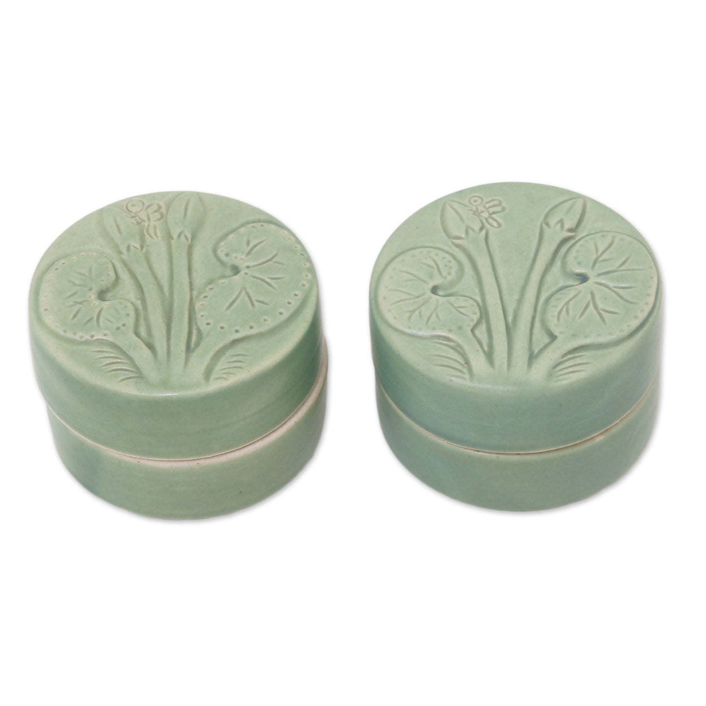 Lotus and Dragonfly Dragonfly Theme Condiment Jars in Green Ceramic (Pair)