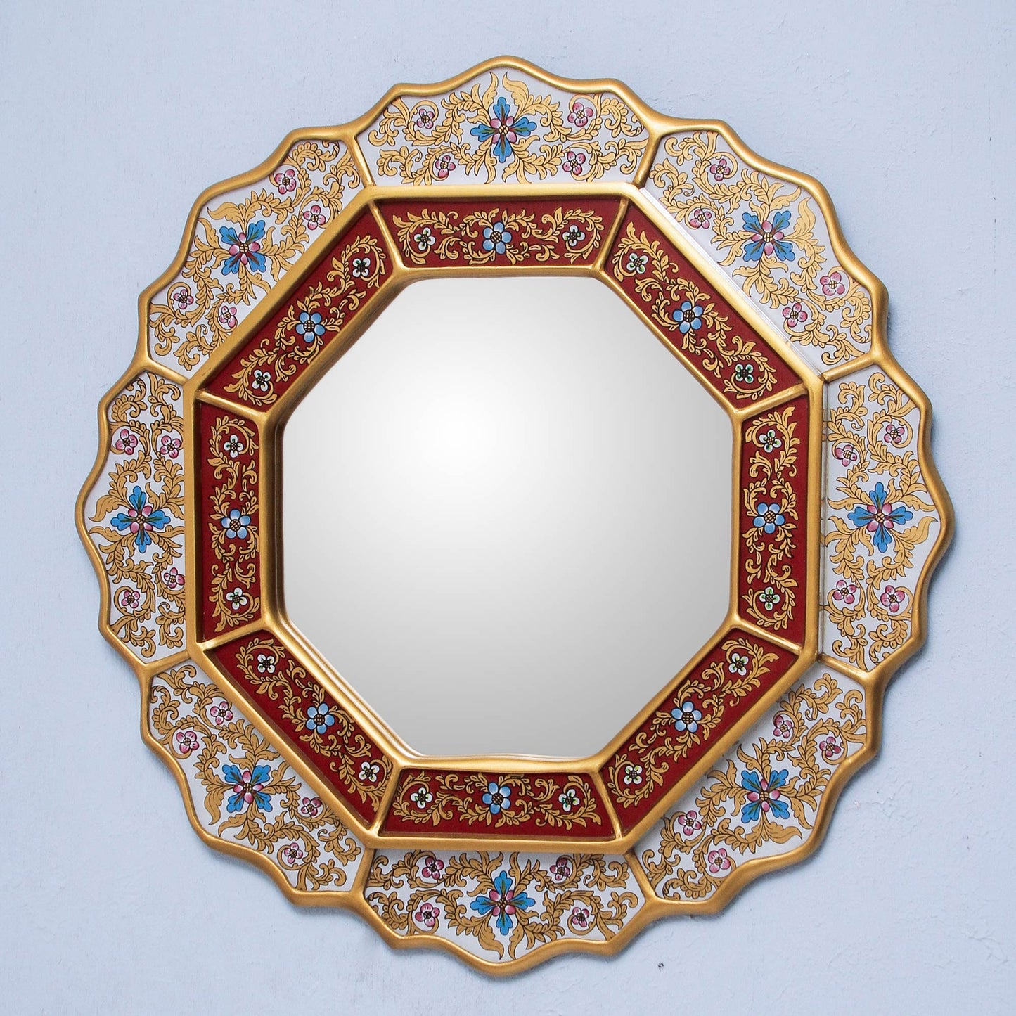 White Star Reverse Painted Glass Wood Mirror from Peru