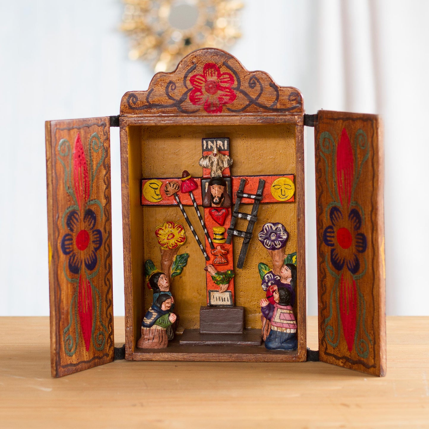 Cross of Lamentation Hand Made Religious Wood Retablo Diorama Andean Folk Art