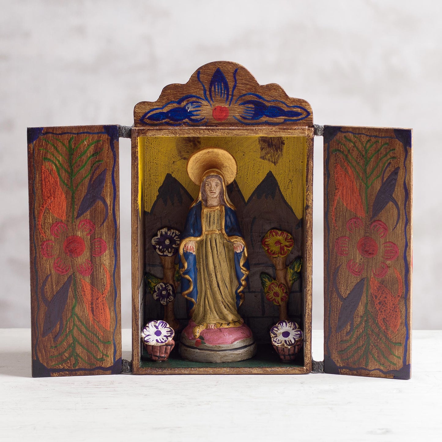 Virgin Mary Painted Wood Retablo Andes Folk Art Handmade in Peru