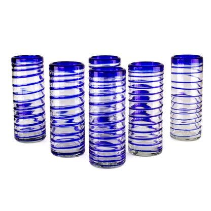 Cobalt Spiral Hand Made Handblown Glass Six Drinking Glasses