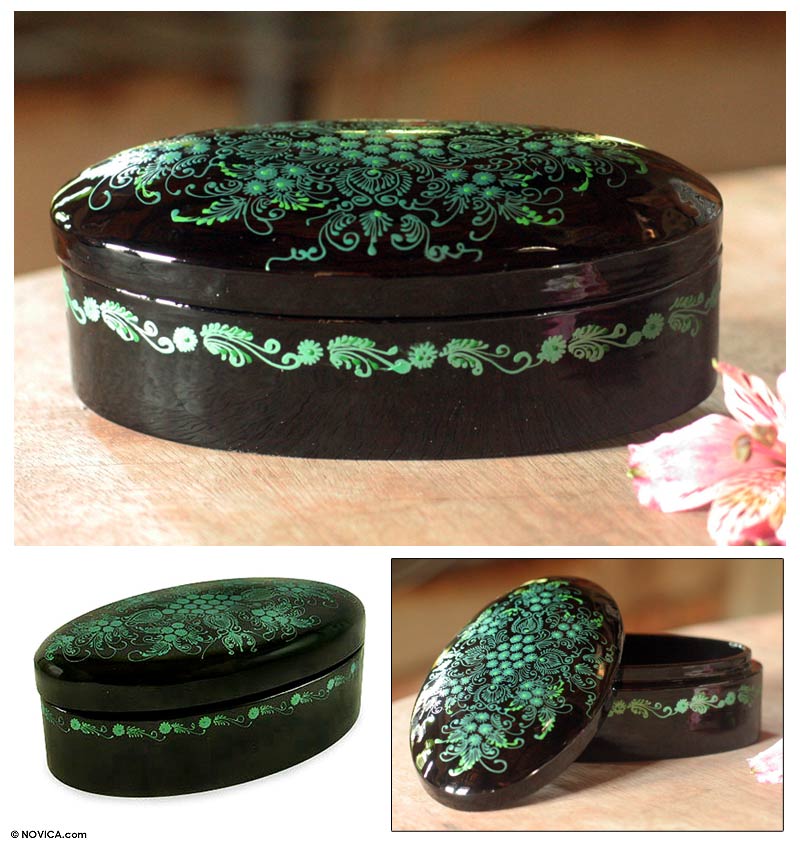 Emerald Blossoms Mango Wood Lacquered Box