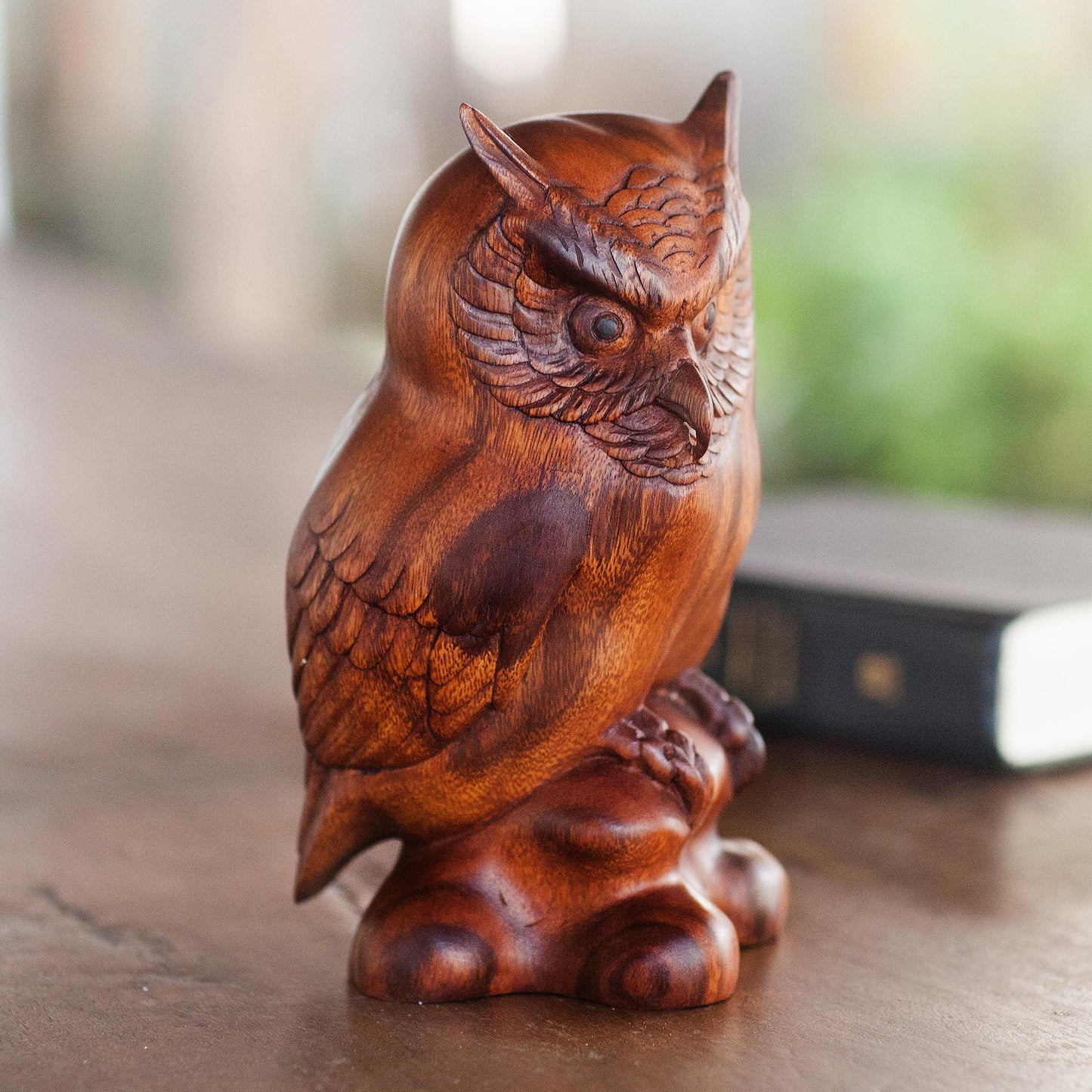 Crested Owl Suar Wood Sculpture