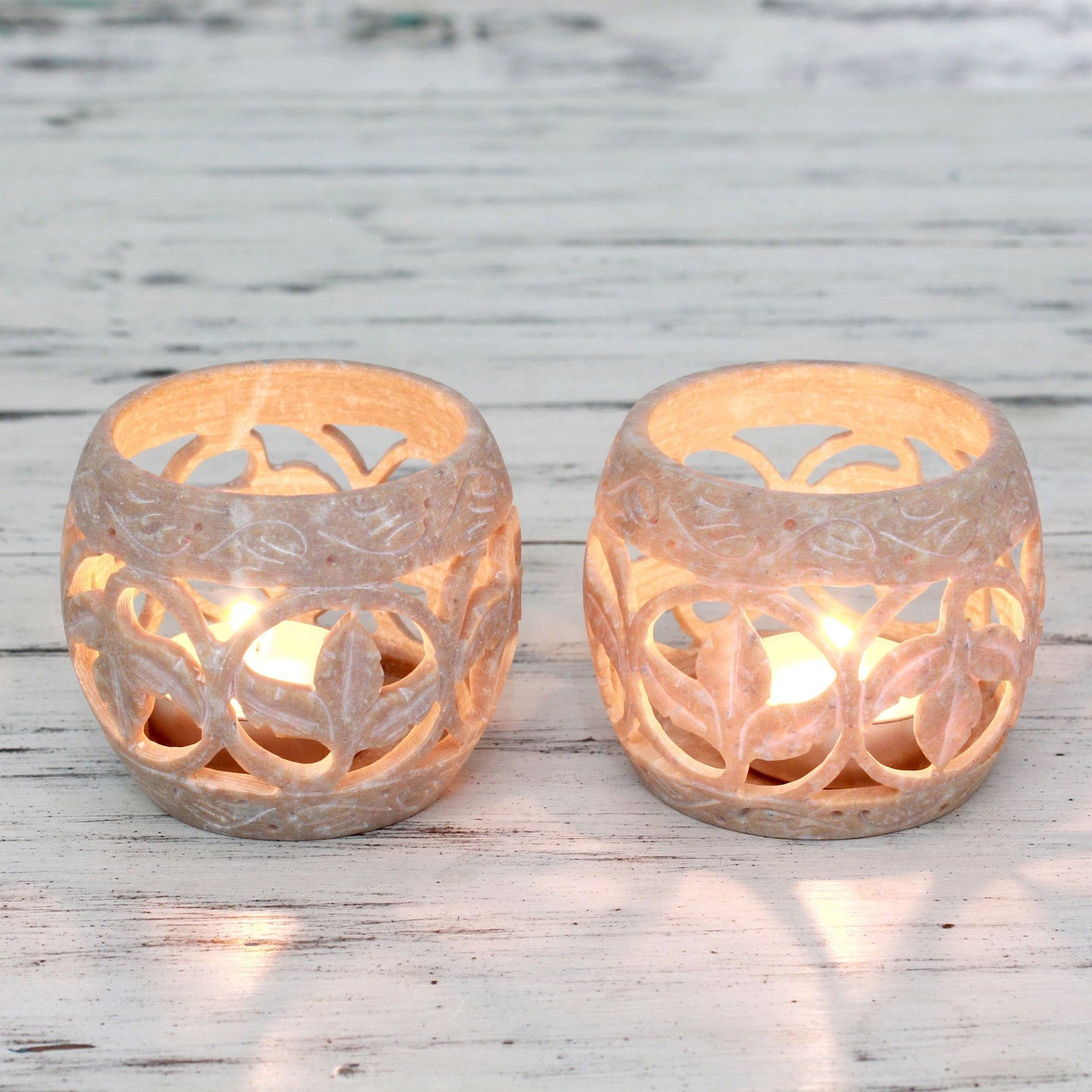 Fig Leaf Soapstone Candle Holder - Set of 2