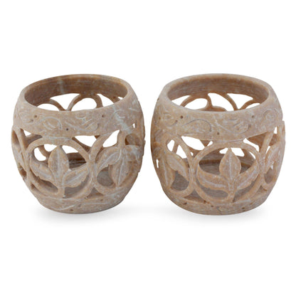 Fig Leaf Soapstone Candle Holder - Set of 2