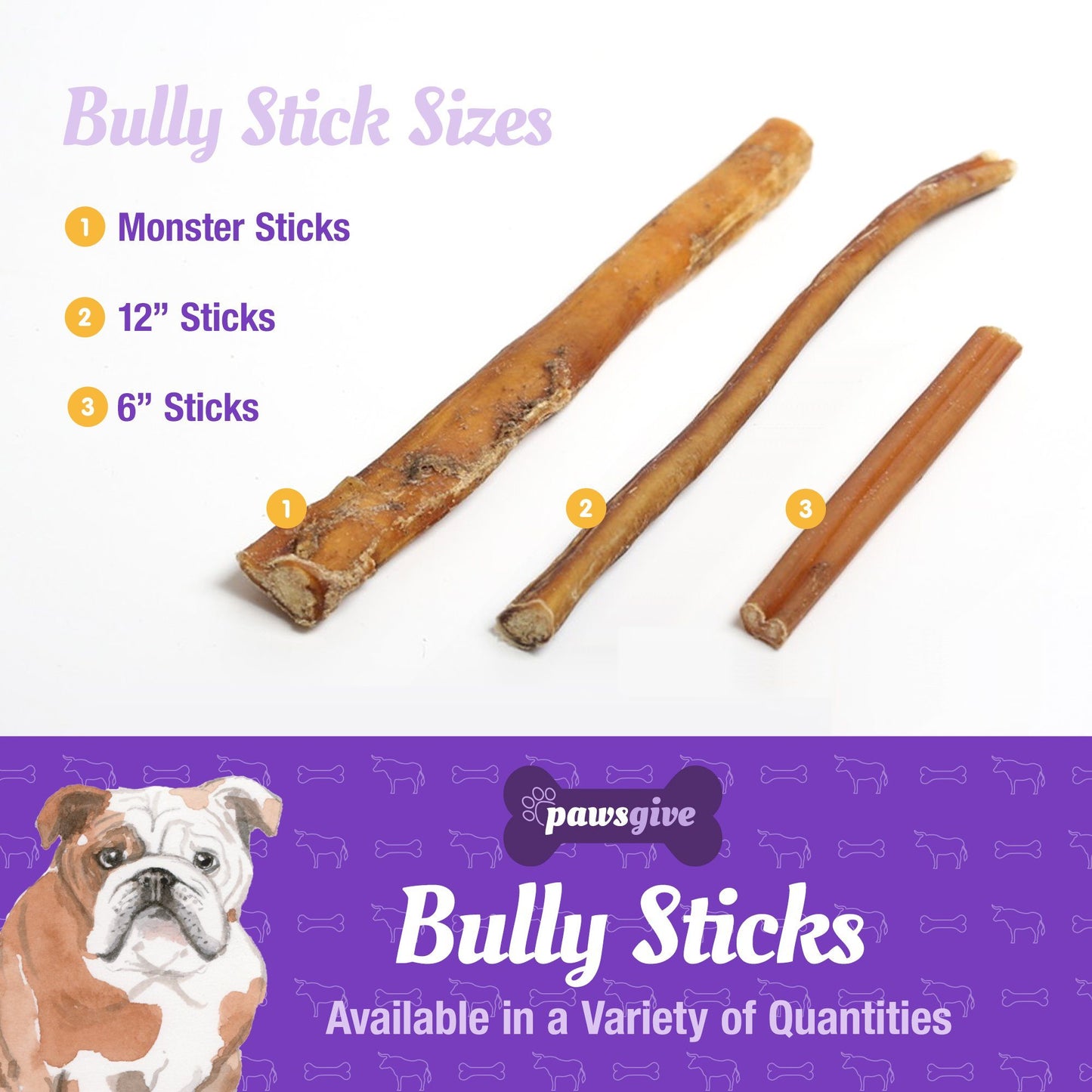 PawsGive - PawsGive 6" Bully Sticks For Dogs From Grass Fed Free Range Cattle