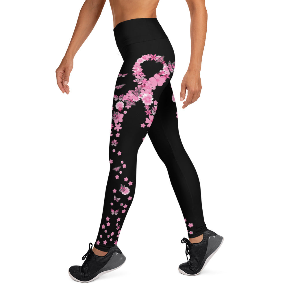 Pink Ribbon Butterflies Take Flight Yoga Leggings