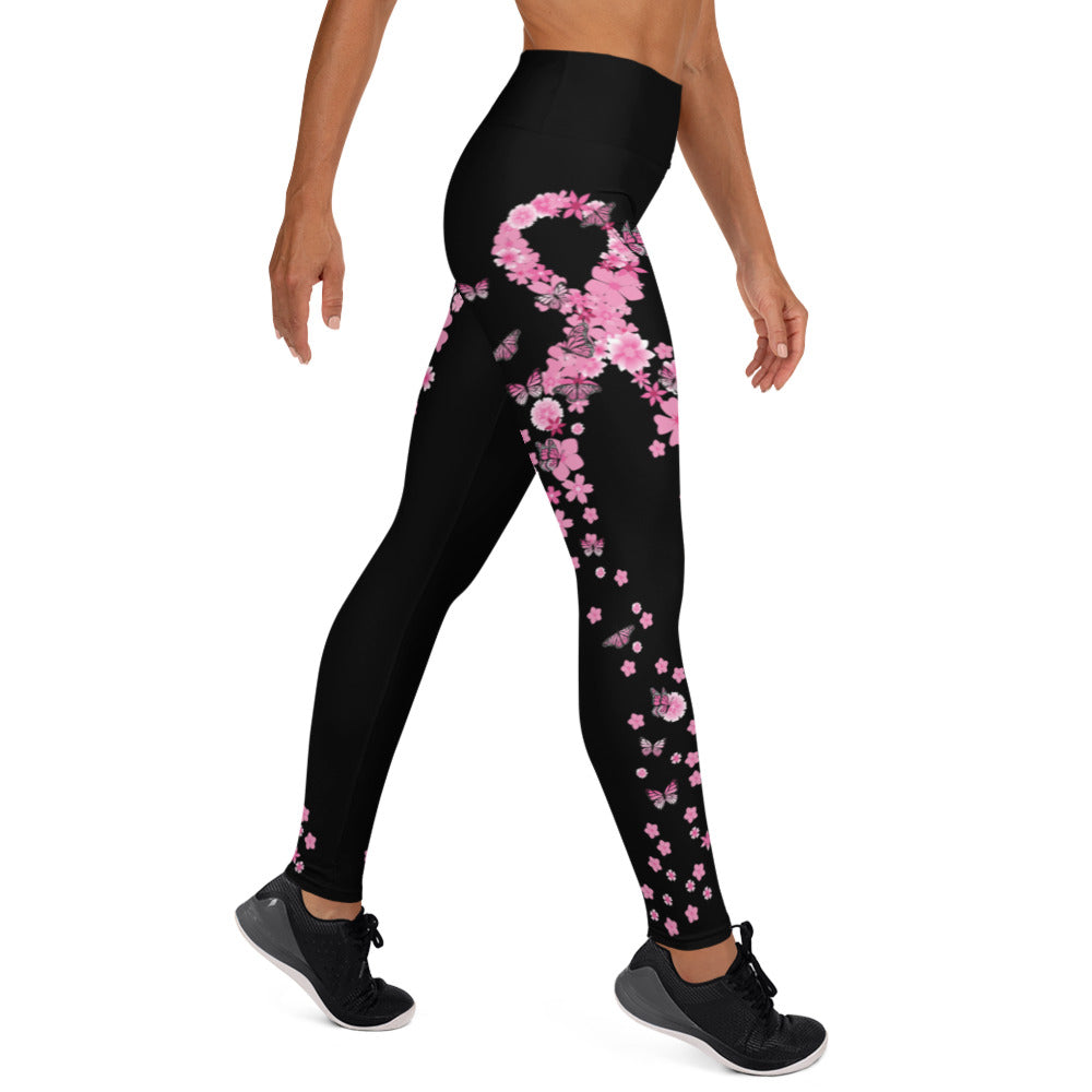 Pink Ribbon Butterflies Take Flight Yoga Leggings