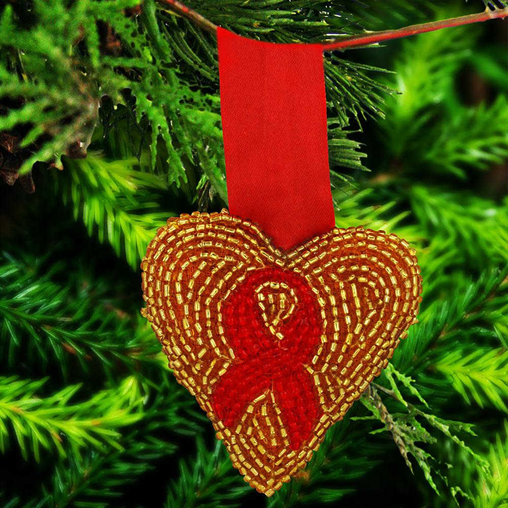 Red Modified Heart Custom Red Ribbon & Gold Heart Ornament | GreaterGood
